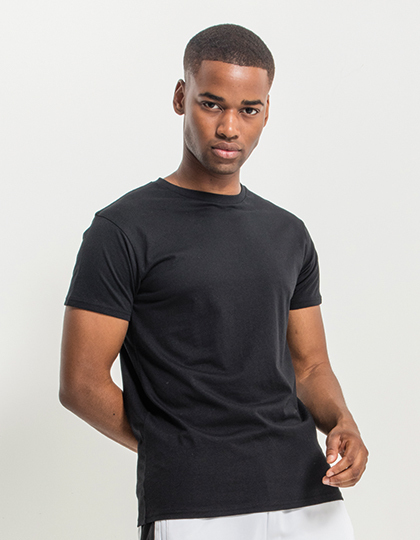 Model wearing women's black cotton crewneck tee.